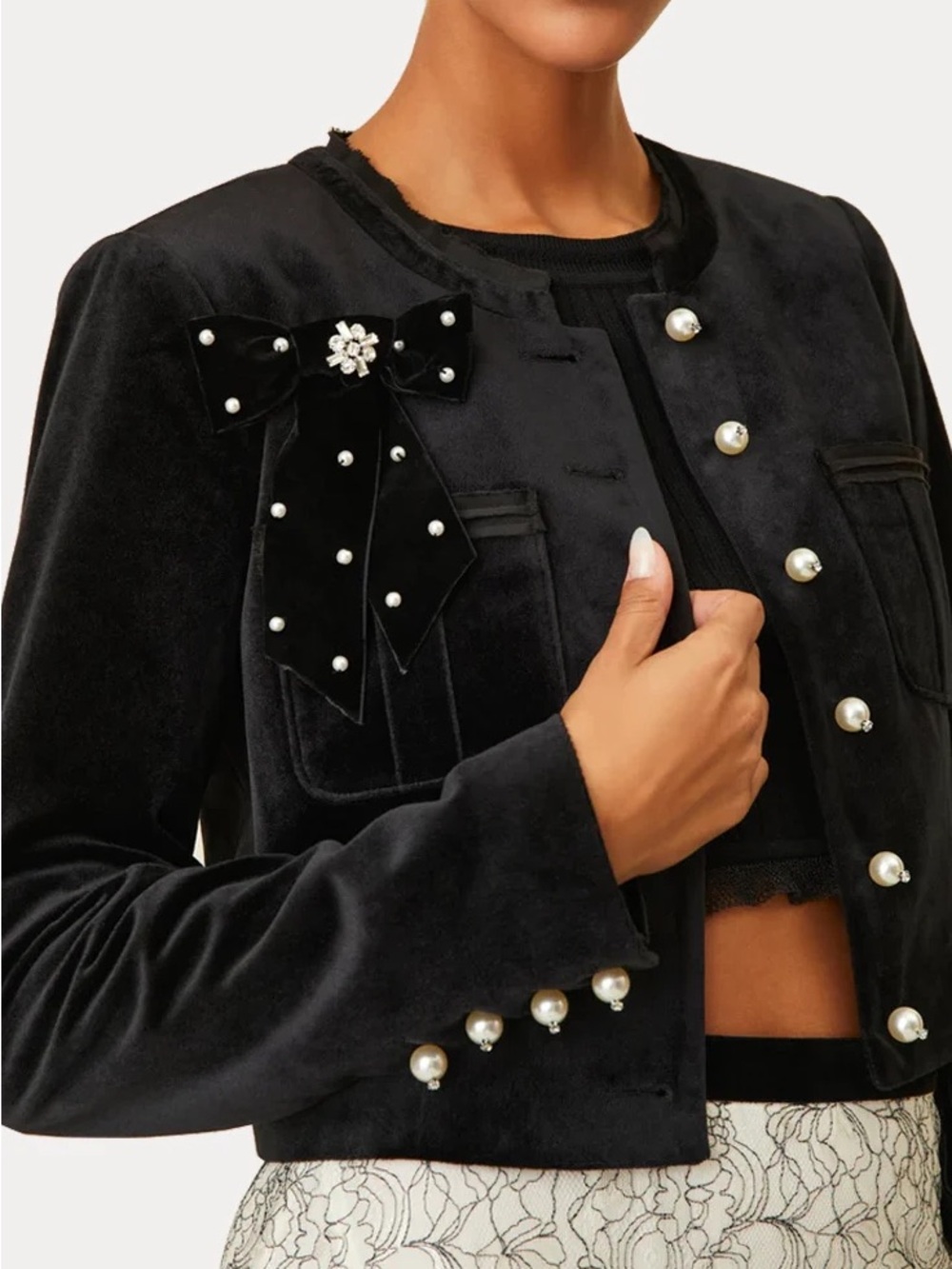 LoveShackFancy Clarkson Cropped Jacket with Bow - Black velvet - 2